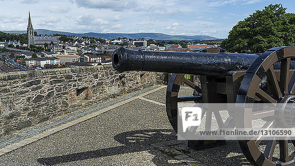 Cannon on display on a city wall  Derry  Northern Ireland; Londonderry  Ireland