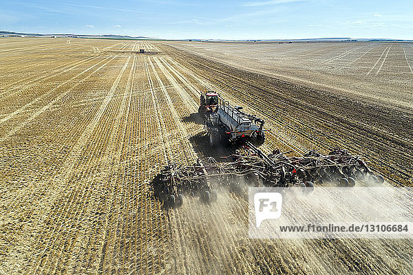 Tractor pulling an air seeder  seeding a field with blue sky in the distance; Rockyford  Alberta  Canada
