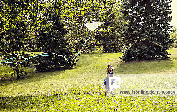 A young girl in a dress running and flying a kite in a city park on a warm fall afternoon; Edmonton  Alberta  Canada