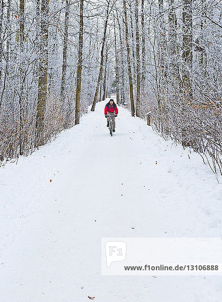 Mountainbike-Fahrer auf einer verschneiten Wintertour; St. Albert  Alberta  Kanada