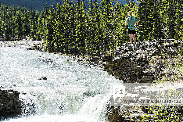 Wanderin steht auf einer Felsklippe mit Blick auf Wasserfälle und einen rauschenden Fluss  westlich von Turner Valley; Alberta  Kanada