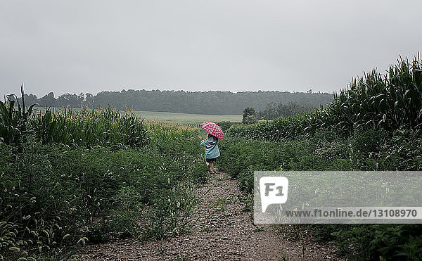 Rückansicht eines Mädchens mit Regenschirm  das während der Regenzeit auf dem Feld gegen den Himmel läuft