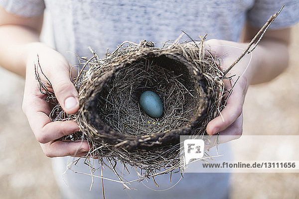 Junge hält blaues Ei im Vogelnest in der Mitte
