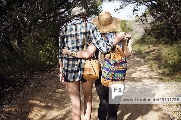 Rear view of friends with arms around walking through forest