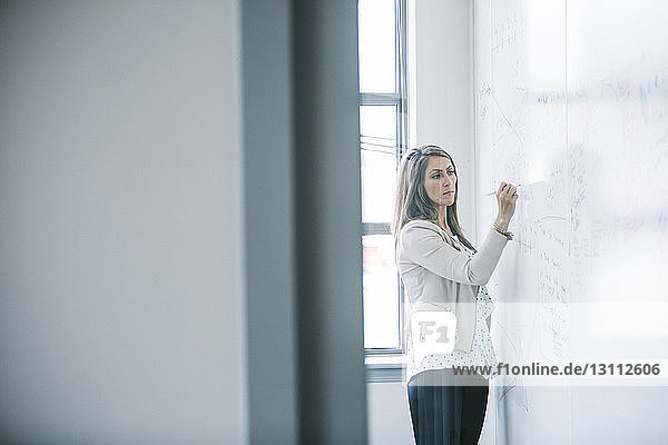 Zuversichtliche Geschäftsfrau schreibt im Büro durch Glastür auf Whiteboard