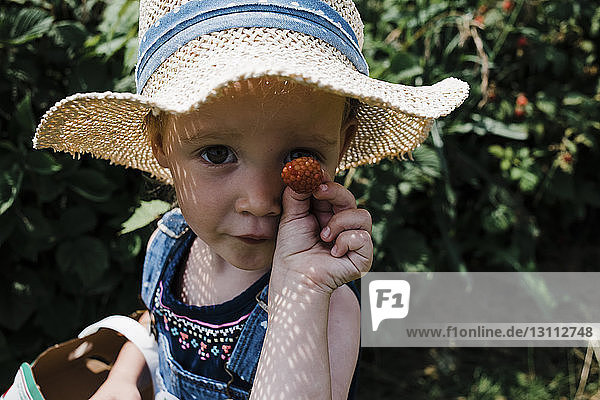 Portrait of girl showing raspberry while harvesting at farm