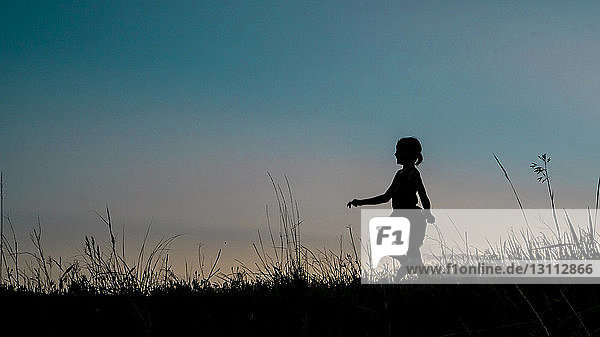 Silhouettenmädchen geht in der Dämmerung auf Grasfeld gegen klaren Himmel