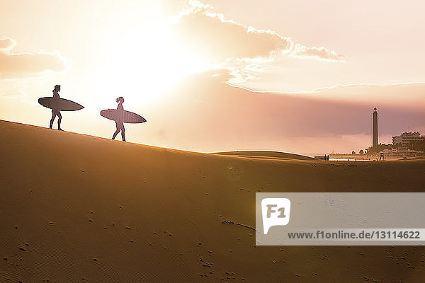 Scherenschnittfreunde mit Surfbrettern bei Sonnenuntergang in der Wüste