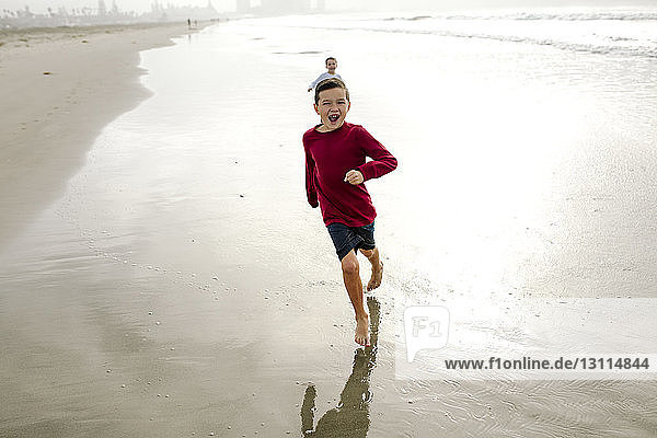 Playful brothers running on shore at beach