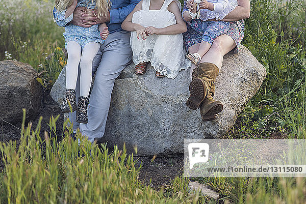 Niedriger Teil der Eltern sitzt mit den Töchtern auf einem Felsen im Park