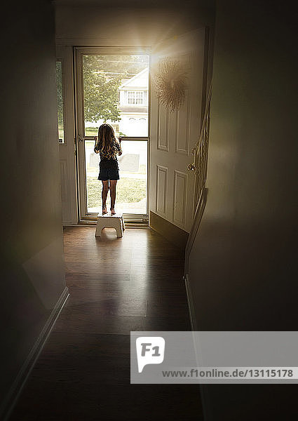 Rear view of girl standing by door at home