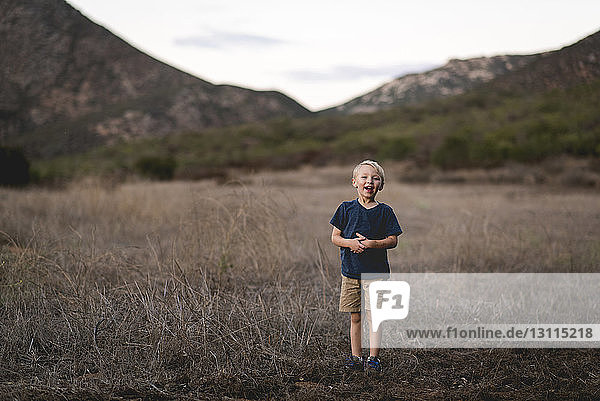 Porträt eines glücklichen Jungen auf dem Feld stehend