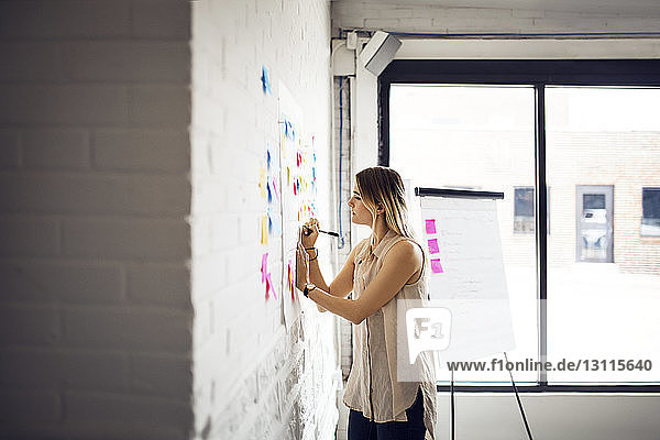 Geschäftsfrau schreibt im Stehen am Whiteboard