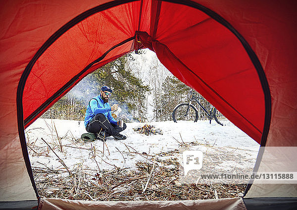 Männlicher Tourist macht Kaffee  während er auf einem Campingplatz im Wald durch ein Zelt gesehen wird