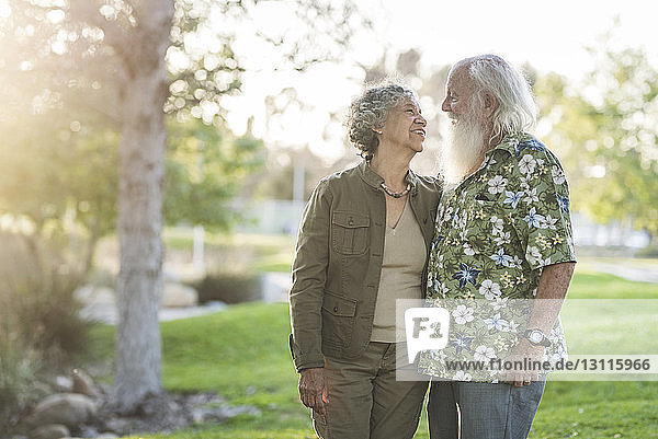 Senior couple looking each other face to face while standing at park