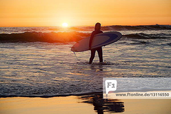 Frau trägt Surfbrett  während sie bei Sonnenuntergang am Ufer spazieren geht