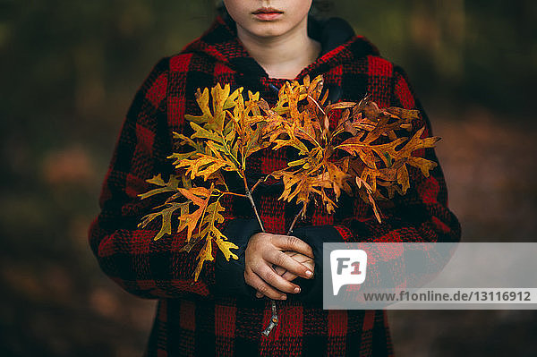 Midsection of girl holding autumn leaves at park