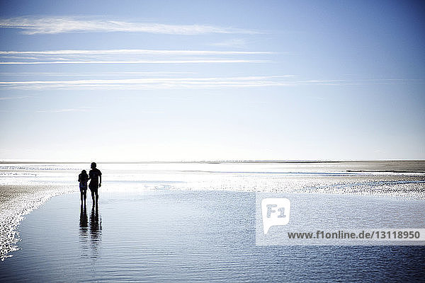 Mid distance view of silhouette brother standing with sister on sea shore against sky