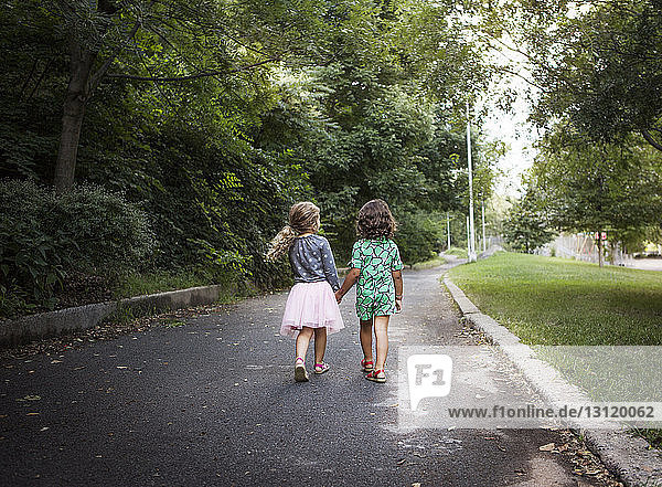 Rear view of girls holding hands while walking in park