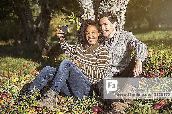 Couple taking selfie while sitting against tree in orchard