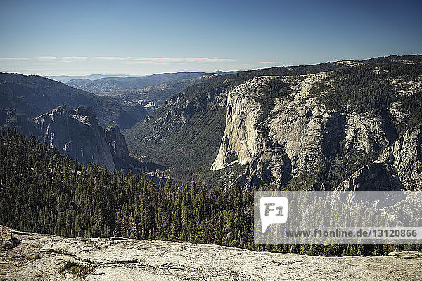 Hochwinkelansicht von Bäumen und Bergen im Yosemite-Nationalpark gegen den Himmel