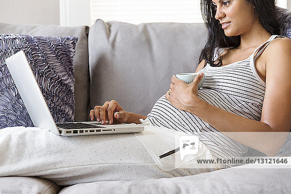 Mittelsektion einer schwangeren Frau  die eine Schüssel hält  während sie auf einem Laptop auf dem Sofa surft