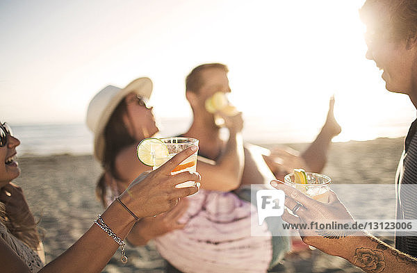 Freunde halten Getränke in der Hand während sie am Strand genießen