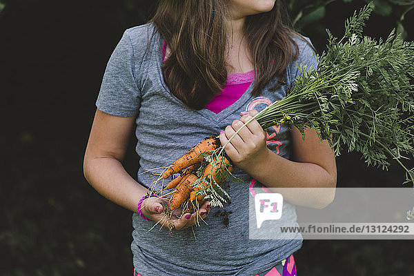 Midsection of girl holding carrots while standing at vegetable garden