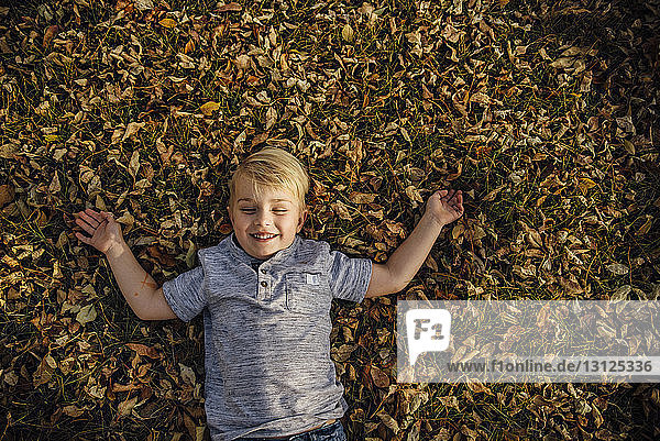 Hochwinkelaufnahme eines fröhlichen Jungen  der im Park auf herabgefallenem Herbstlaub liegt