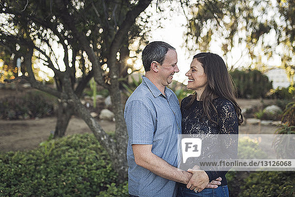 Cheerful couple looking each other face to face while standing at park