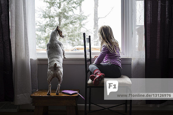 Mädchen in voller Länge mit Hund zu Hause am Fenster sitzend