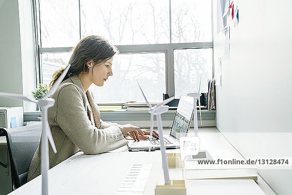 Seitenansicht einer Geschäftsfrau  die bei der Arbeit im Büro einen Laptop benutzt