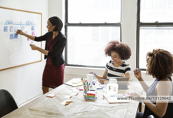 Businesswoman sticking adhesive notes on whiteboard during meeting with female colleagues
