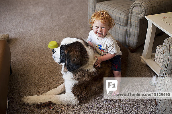 Hochwinkelporträt eines süßen  glücklichen kleinen Jungen  der zu Hause auf einem Hund sitzt