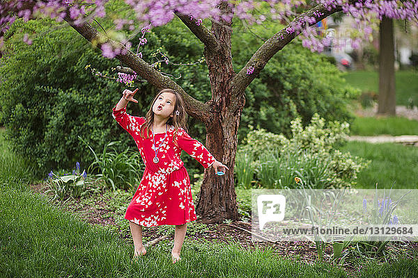 Mädchen tanzt im Frühling im Park am Baum