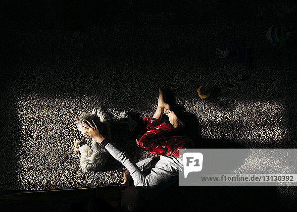 Draufsicht auf einen auf dem Teppich schlafenden Jungen mit Hund zu Hause