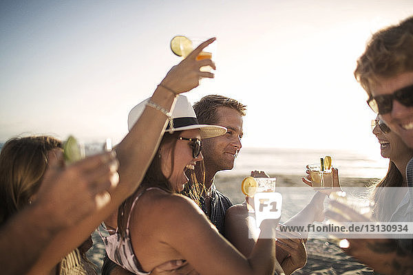 Cheerful friends enjoying drinks at beach