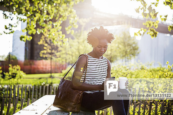 Frau benutzt ein Smartphone  während sie im Sommer auf einer Parkbank sitzt