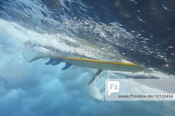 Low angle cropped image of male tourist surfing underwater in sea