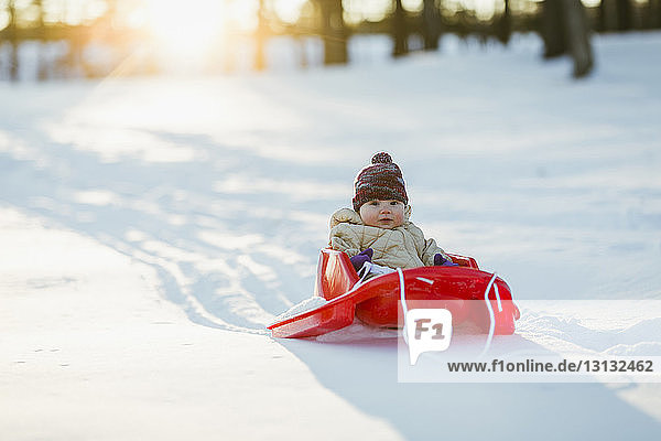 Portrait of cute baby girl sitting in sled on snowy field at park