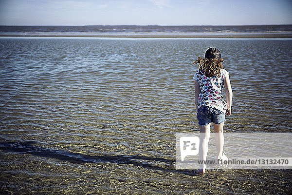 Rückansicht eines Mädchens  das an einem sonnigen Tag am Meeresufer spazieren geht