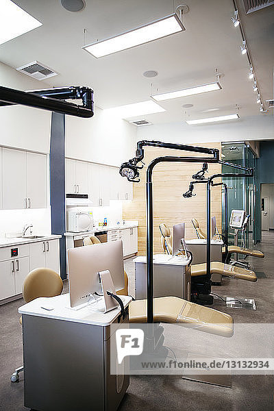 Zahnarztstühle und Computer in der Klinik