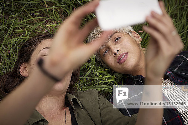 Freunde klicken mit dem Smartphone auf Selfie  während sie sich im Gras entspannen