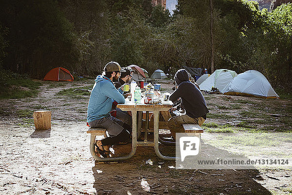 Familie trinkt  während sie auf einem Picknicktisch im Wald sitzt