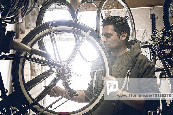 Männlicher Kunde untersucht Fahrradreifen im Geschäft
