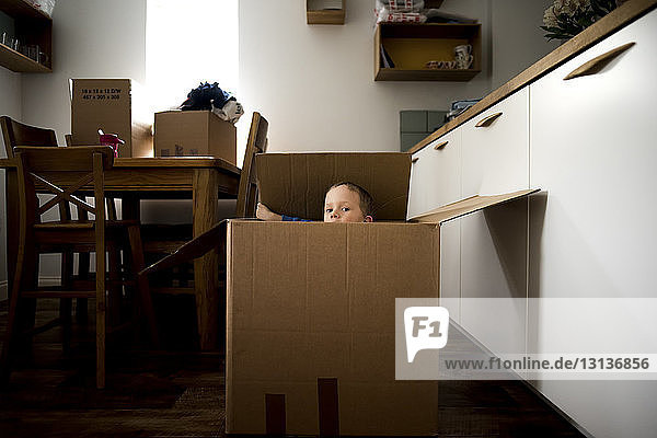 Porträt eines verspielten Jungen  der zu Hause in einem Pappkarton sitzt
