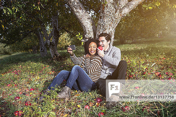 Couple taking selfie while sitting against tree in orchard