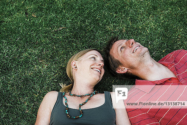 Hochwinkelaufnahme eines sorglosen Paares  das auf einem Grasfeld im Park liegt
