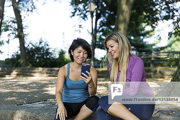 Friends looking at smart phone while sitting on retaining wall at park