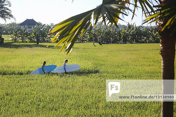 Friends with surfboards walking on grassy field against sky
